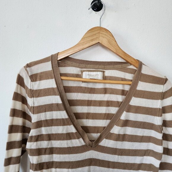 Y2K American Eagle Striped Long Sleeve V Neck Shirt Large - Picture 2 of 4